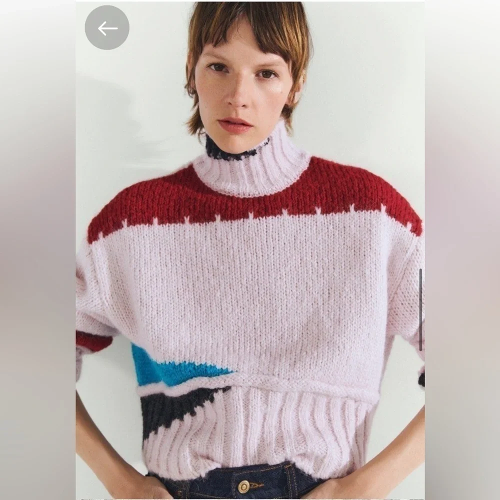 ZARA COLOR BLOCK WOOL BLEND KNIT SWEATER PINK - Picture 4 of 8